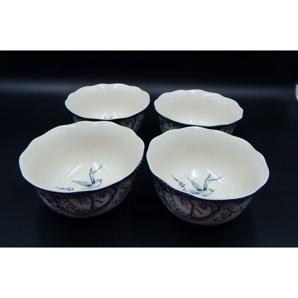 222 Fifth Adelaide Blue Toile Bird Floral Soup Cereal Bowls Scalloped Edge S/4 - Picture 7 of 9